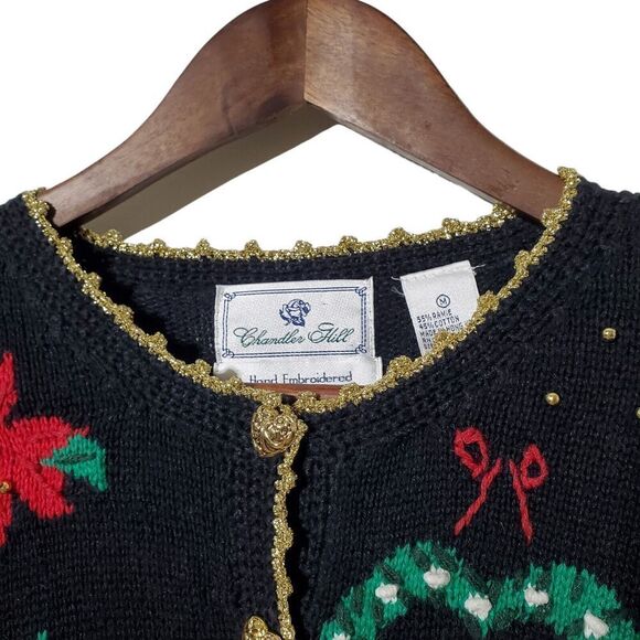 Vintage Holiday Cardigan Sweater Size M Winter Poinsettia Hand Knit Womens - Picture 3 of 14